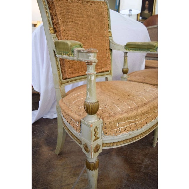 Burlap upholstered Louis XVI armchairs. Frame: Hand-carved wood. Painted Provencal green. Upholstery: Interior burlap....
