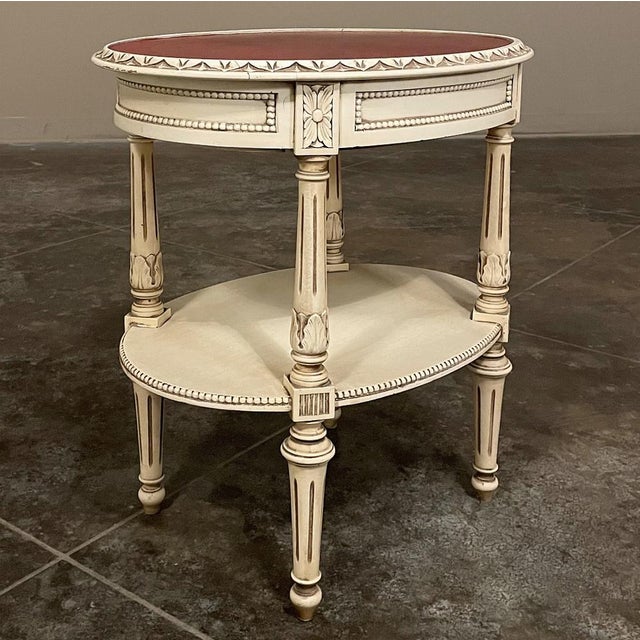 Almond Antique French Louis XVI Painted Oval Side Table With Leather Top For Sale - Image 8 of 17