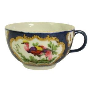 18th Century Worcester Cobalt Blue & Gold, Exotic Birds & Bugs Polychrome Tea Cup
