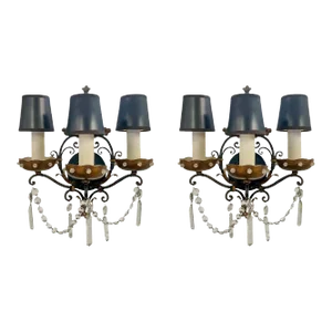 Maison Jansen Style Wrought Iron and Bronze Wall Sconce, 3 Arms, a Pair