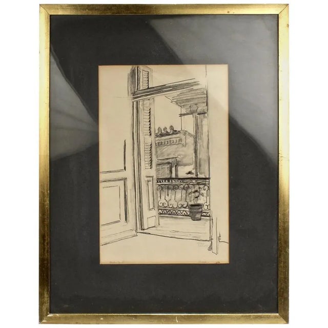 Charcoal Drawing of a View from a Balcony by Lambro Ahlas For Sale - Image 9 of 9