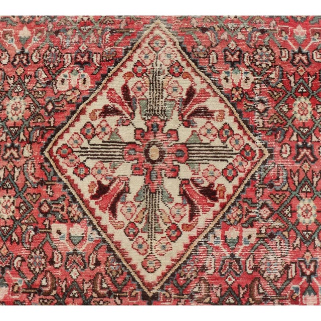 Semi Antique Persian Distressed Hamadan Gallery Rug With Medallion Design For Sale - Image 4 of 12