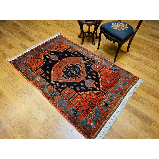 Vintage Persian Malayer Tribal Area Rug, Hand-Knotted Wool, Geometric Pattern, 4x6, Terracotta & Blue For Sale - Image 4 of 16