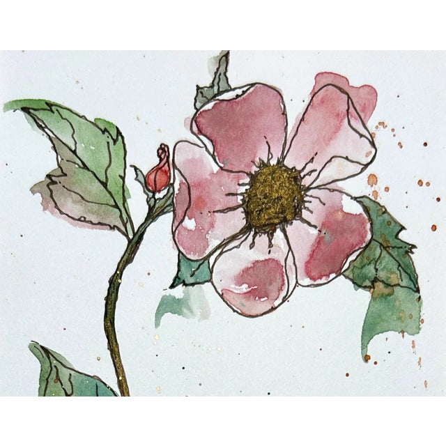 Original Watercolor Painting in Wicker Frame Pink Flower For Sale - Image 4 of 7