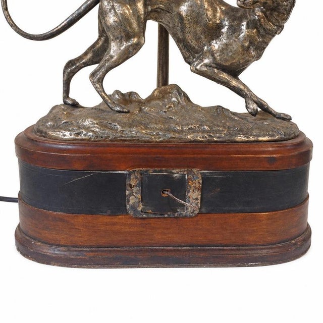 Vintage table lamp with greyhound in silver-plated metal, wood and leather – Spain, c. 1950. Elegant figurative lampshade,...