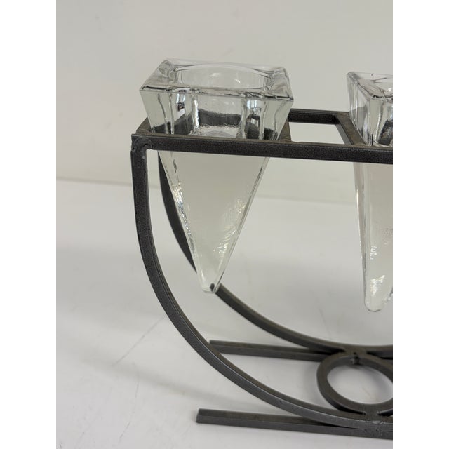 Vintage 1980s Brutalist Iron & Crystal Triple Votive Candle Holder Candelabra For Sale In Orlando - Image 6 of 12