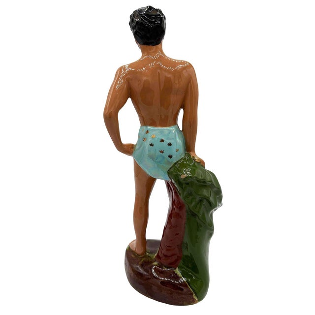 Mid 20th Century Hawaiian Man in Blue Trucks W/ Gold Machete Ceramic Sculpture 14" For Sale - Image 4 of 5