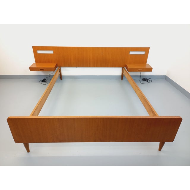 Vintage Scandinavian-Style Teak Double Bed with Suspended Bedside Tables and Integrated Lamps, 1960s For Sale - Image 11 of 18