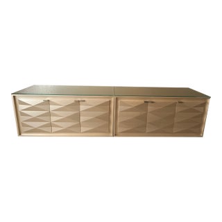 Pair of Contemporary Champagne Lacquered Buffets With Faceted Doors and Tempered Glass Tops For Sale