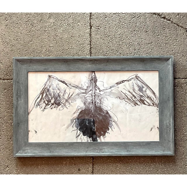 Late 20th Century Vintage Boho Watercolor of Bird on Paper For Sale - Image 5 of 7