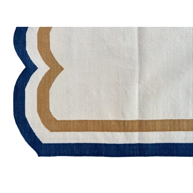 Not Yet Made - Made To Order Handmade Cotton Vegetable Dyed Scalloped Rug Cream, Mustard and Navy Blue Border - 9'x12' For Sale - Image 10 of 11