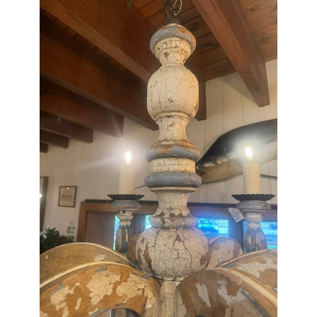 Wood Early 20th Century Large Blue and White Chippy Wood Chandelier For Sale - Image 7 of 14