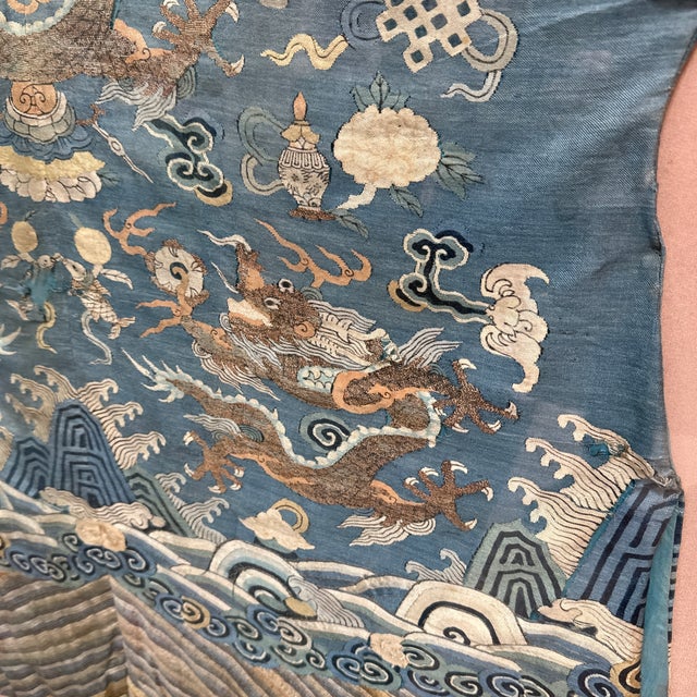 Late 20th Century Qing Dynasty Blue Embroidered Silk Kimono, Framed For Sale - Image 5 of 12