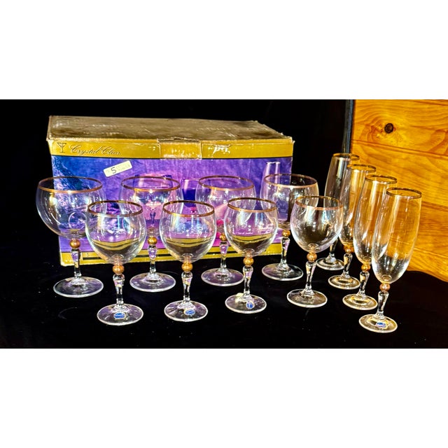 1980s Bohemian Crystal With 24k Gold Trim Stemware Set - Set of 13 For Sale - Image 10 of 12