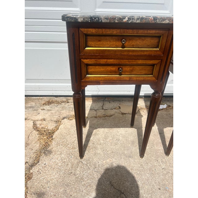 Wood French 19th Century Louis XVI Pair of Walnut Marble Top Night Stands For Sale - Image 7 of 11