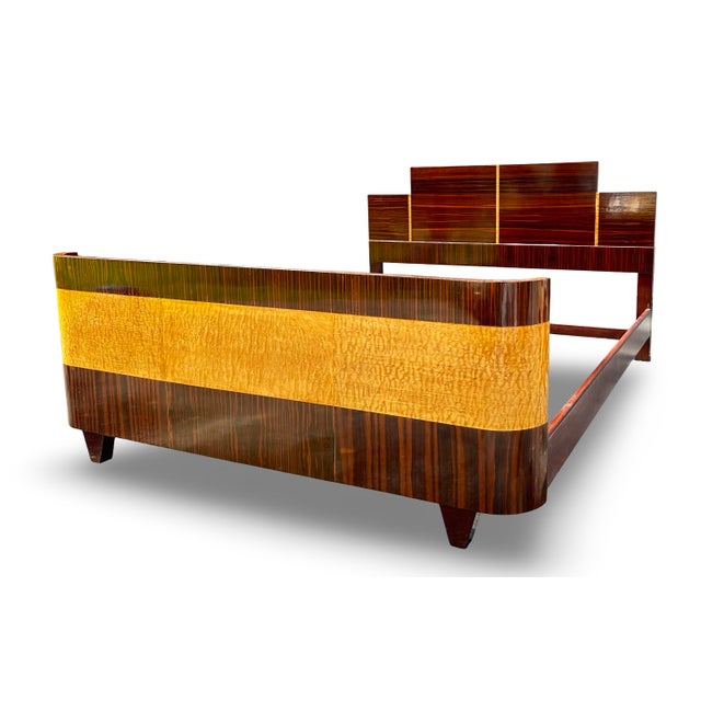 Wood 1930s Italian Art Deco Burl Maple and Rosewood Waterfall Queen Bed For Sale - Image 7 of 12