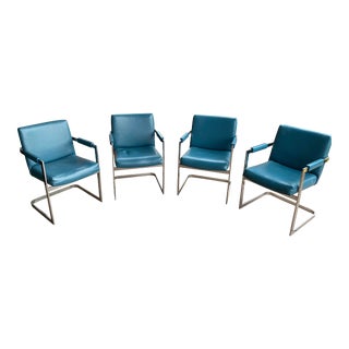 Mid 20th Century Milo Baughman for Thayer Coggin No. 1352 Flat Bar Cantilevered Mirror Chrome Arm Chairs - Set of Four For Sale