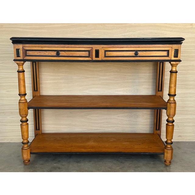 Found in England, this circa 1900 fruitwood server table has a top with two drawers that have a functional lock and two...