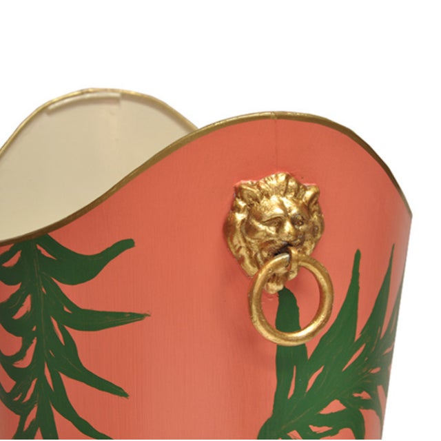 Contemporary Matthew Izzo Home Wastebasket - Hand Painted Tole Metal With Palm Leaves and Gold Leaf Lion Head Handles For Sale - Image 3 of 4