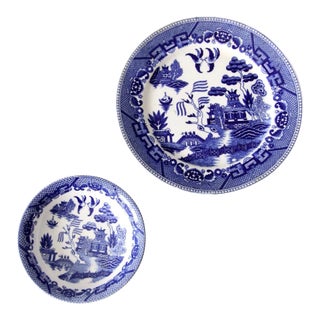 Vintage Japanese Blue Willow Ware Plate and Bowl Set of 2 For Sale