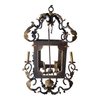 Huge Vintage Florentine Gold Gilt & Dark Iron Acanthus Leaf 8-Light Lantern Chandelier For Sale