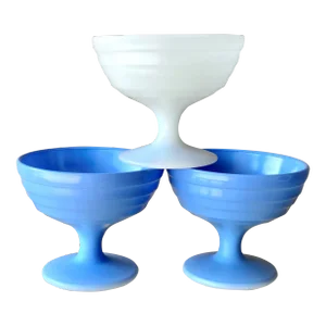 Circa 1940 Hazel Atlas Pastel Moderntone Blue & White Platonite Pedestal Sherbet Cups - Set of 3