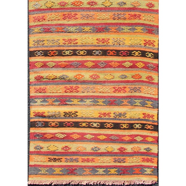 Colorful Vintage Turkish Kilim runner with a stripe and modern design, Minimalist stripe design Kilim runner from Turkey,...