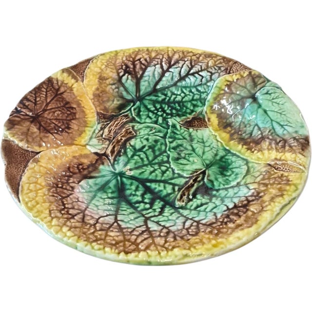 19th C Majolica Begonia Leaves Compote C1880s Kelly Green and Chestnut Brown measures 9.5 inches by 2.25 high