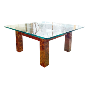 1970s Burl-Wood Veneer and Glass Milo Baughman Style Coffee Table