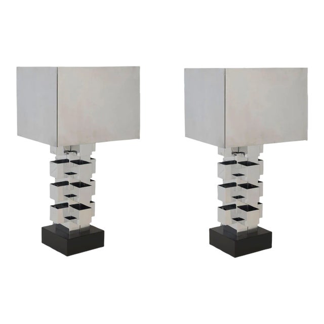 1970s Brutalist Chrome Interlaced Column Sculpture Table Lamp by Curtis Jere, Pair For Sale