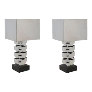 1970s Brutalist Chrome Interlaced Column Sculpture Table Lamp by Curtis Jere, Pair