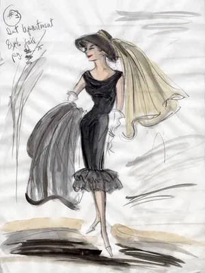 Reproduction Print of Original Costume Sketch by Edith Head of Audrey Hepburn for "Breakfast at Tiffany's"