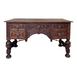 19th Century French Renaissance Hand Carved Desk or Writing Table with Carved St For Sale