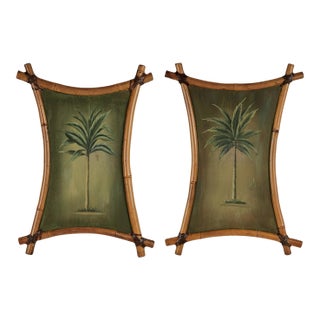 Pair of Vintage Palm Tree Paintings in Bamboo Frames For Sale