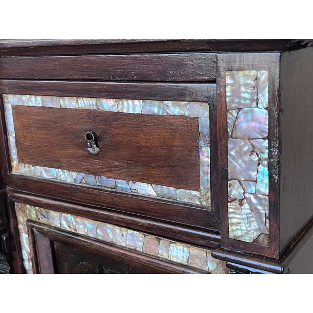 18th Pair of Spanish Walnut Nightstands With Marble Top and Inlays For Sale - Image 12 of 13