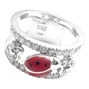 Aaron Basha 18k White Gold Diamond Red Enamel Ladybug Band Ring, size 4
