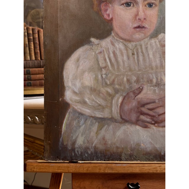 Late 19th Century Antique Folk Art Oil Portrait of a Child, Circa 1890–1910 For Sale - Image 5 of 11
