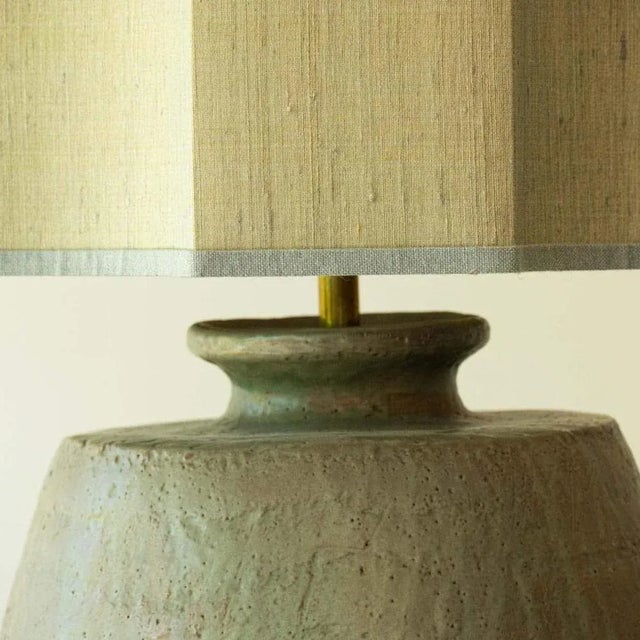 Large Pistachio Green Ceramic Table Lamp with Silk Lampshade attributed to R. Houben, 1970s For Sale - Image 4 of 10