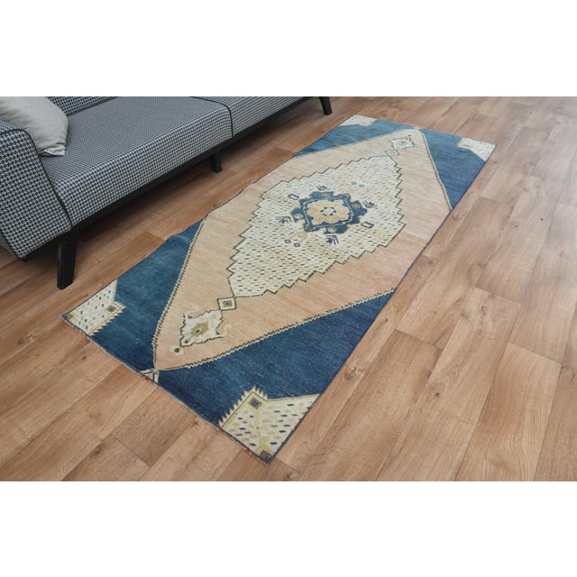 Turkish 1970s Vintage Turkish Handmade Wool Cotton Blue Area Rug For Sale - Image 3 of 11