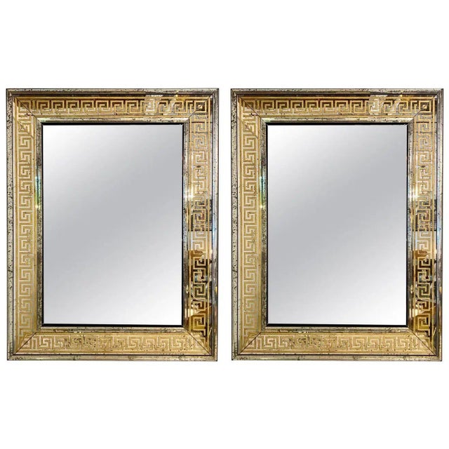 Pair of Hollywood Regency Greek Key Eglomise Wall Mirrors, Console