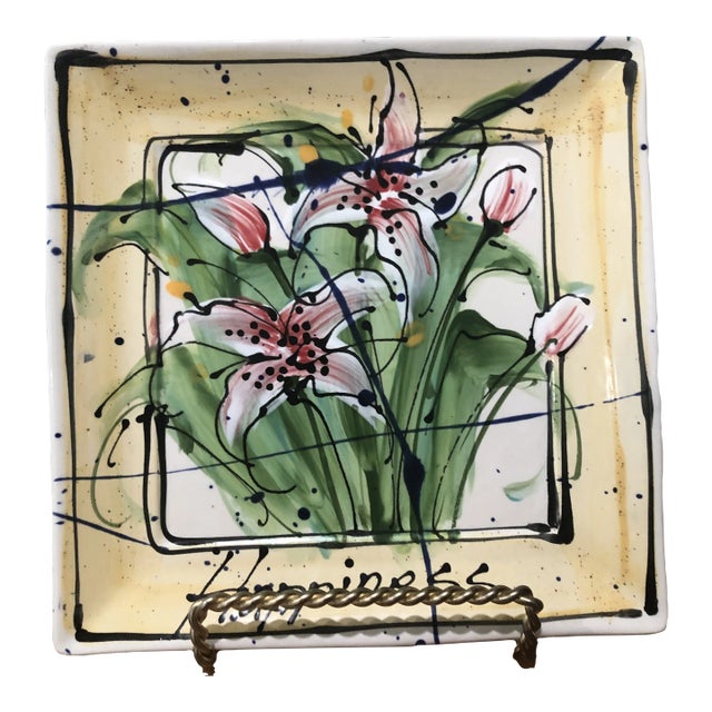 Mid 20th Century Platter by Donna Toohey Glazed Iris Pattern Artist Signed For Sale