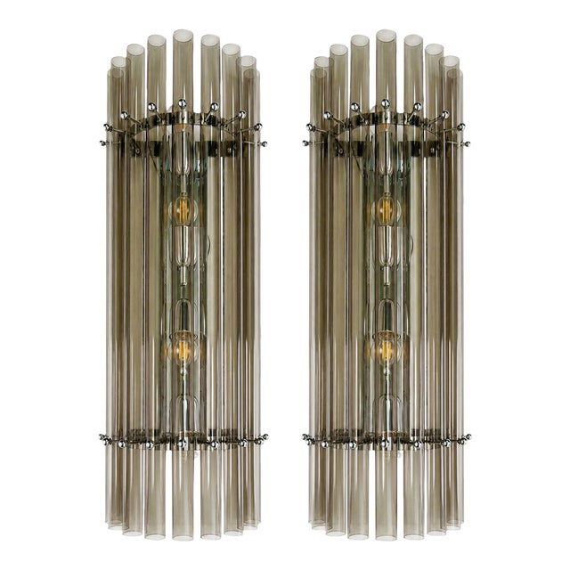 Contemporary Modern Smoked-Fumè Glass Pipes Wall Sconces-Set of Two For Sale