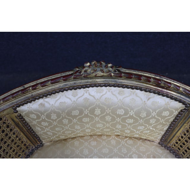 French Louis XVI Style Gilt Caned Barrel Accent Chair For Sale - Image 4 of 11