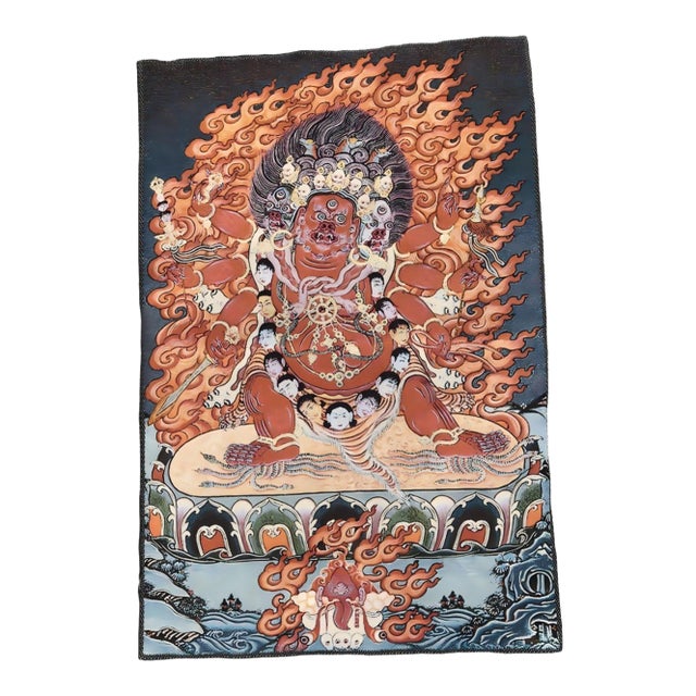 Xizang Embroidery and Brocade Thangka Buddha Painting - Wrathful Deity Protector Wall Art - Hand Painted Buddhist Sacred Scroll Mid 20th Century For Sale