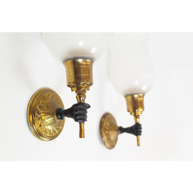 Vintage Brass Torch Holding Hand Wall Sconces, 1950s, Set of 2 For Sale - Image 3 of 9