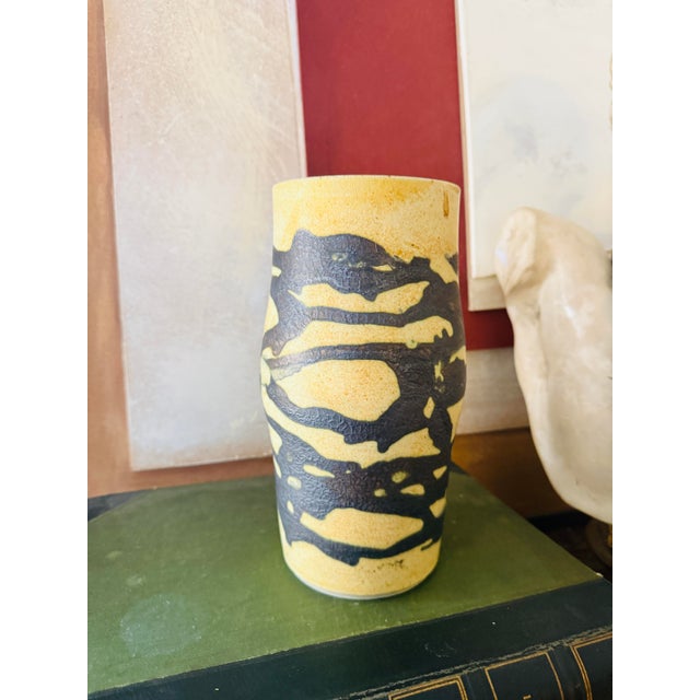Abstract Vintage Studio Pottery Vase Abstract Slip Decorated Stoneware 9.5 Inch Textured For Sale - Image 3 of 8