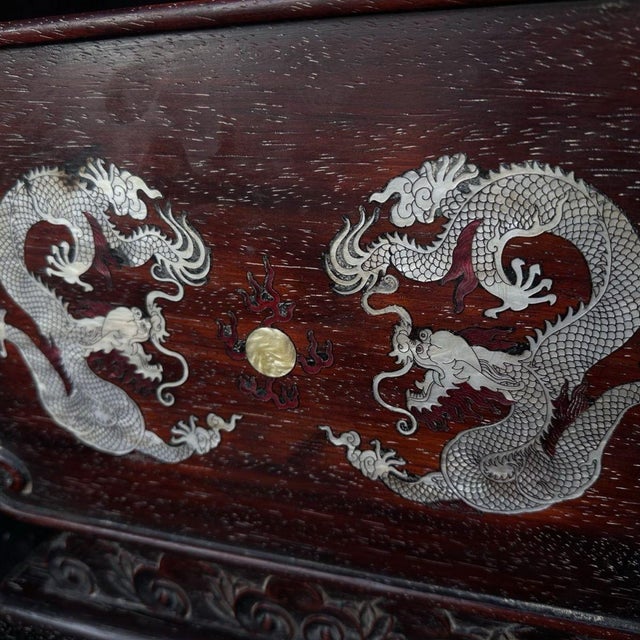 Brown Vintage Chinese Zitan Wood Table Screen With Mother of Pearl "Two Dragons" Inlay For Sale - Image 8 of 9