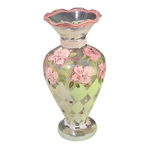 Vintage Hand Painted Glass Beautiful Ruffled Top Floral Vase