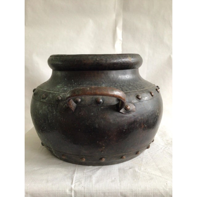 1940s Hand Hammered Studded Patinated Copper Pot With Handles For Sale - Image 4 of 9