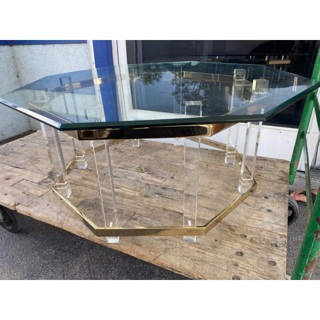 Vintage Charles Hollis Art Deco Glass, Lucite, and Brass Octagon Coffee Table For Sale - Image 11 of 12